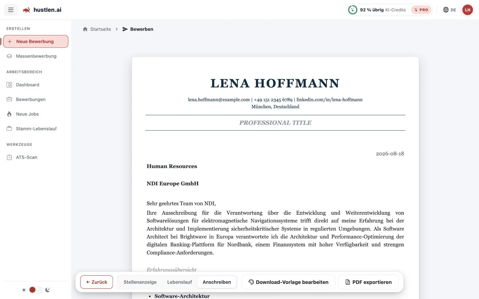 Ein Anschreiben in hustlen.ai für das ausgewählte Unternehmen, mit PDF-Export in der Werkzeugleiste.