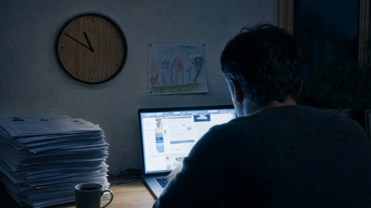 Ein Laptop, der in einem dunklen Homeoffice neben einem hohen Stapel ausgedruckter Lebensläufe leuchtet.
